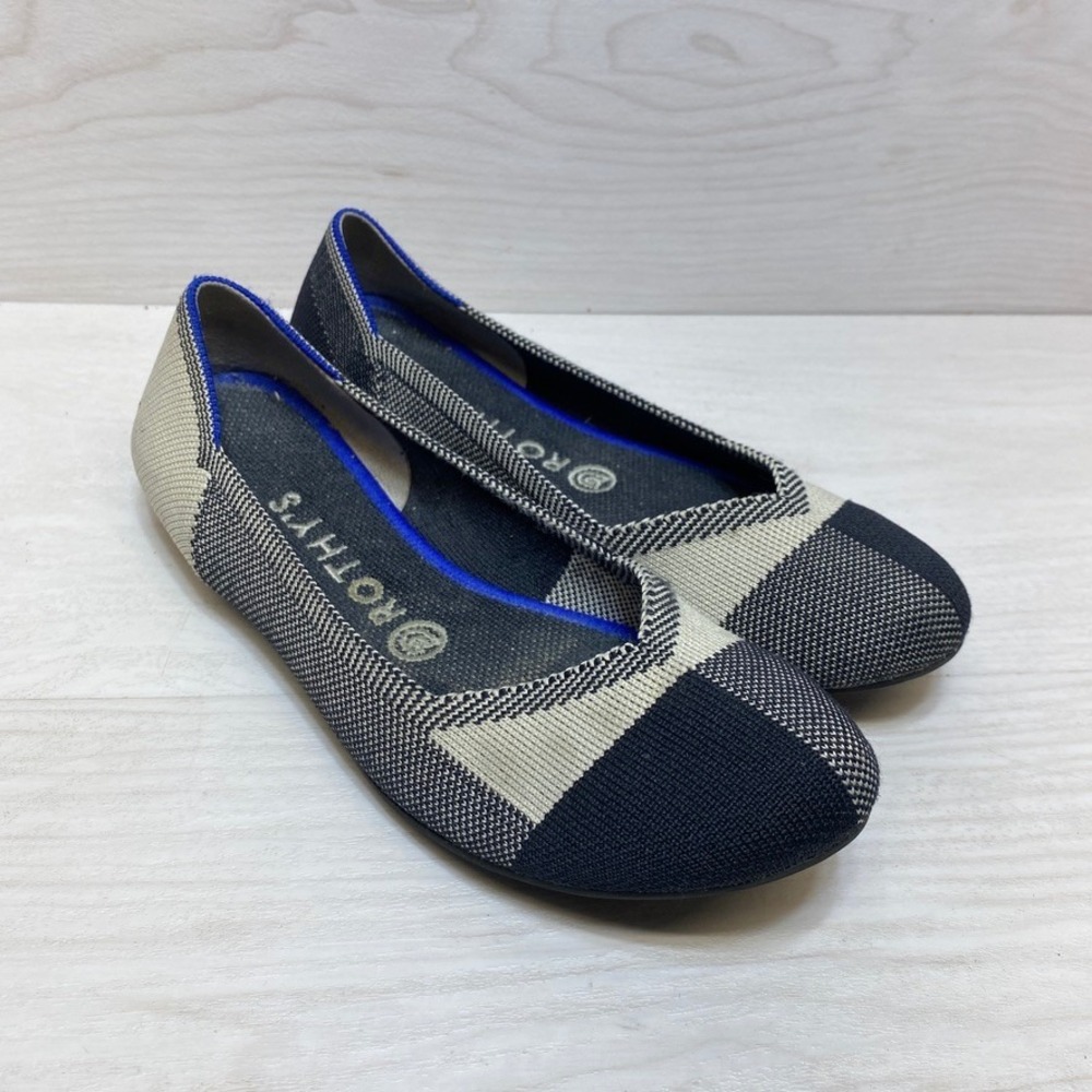 Rothys The Flat Navy Cream Colorblock Round Toe Knit Shoes Womens Size 8